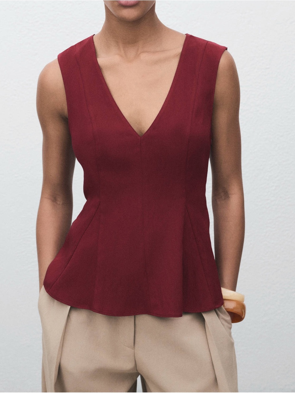 MNG Mango Burgundy Sleeveless V-Neck Peplum Top Small Fall